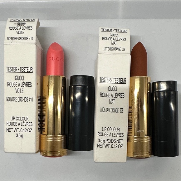 Gucci Lipstick Duo - unused testers w/caps 410 orchid/308 Lucy Dark Orange